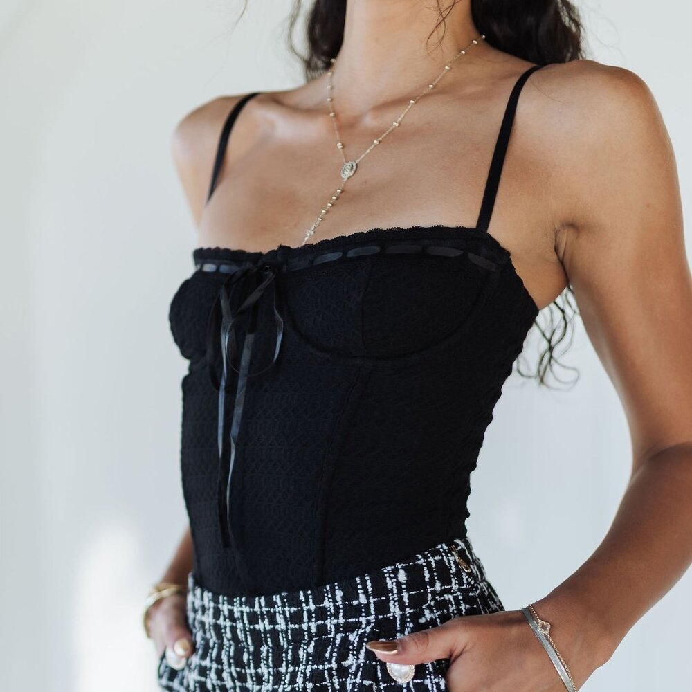 Black Lace Trim Corset Bustier Top Satin Bow Underwire Strap Top NWT - Picture 4 of 7